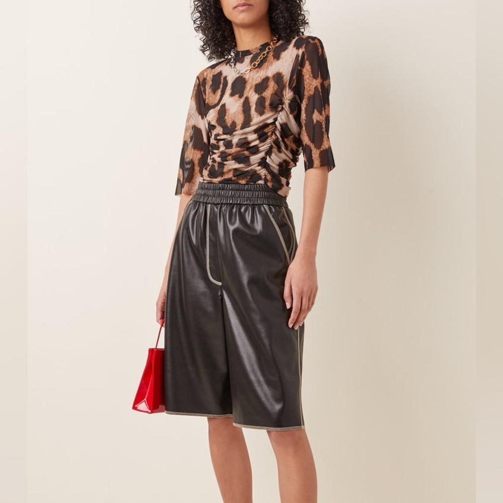 GANNI Ruched Leopard-Print Mesh Top  with corset structure by waist